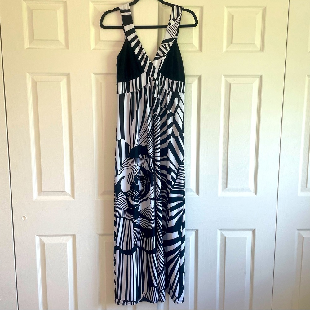 JFW Just For Wraps Black and White Striped Maxi Dress
